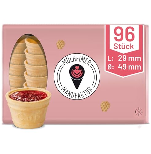 MyNaschbar Portionsbecher VEGAN rund, 96 Stück, 22 ml, 29 mm lang, Ø 49 mm – Knusprige Waffelbecher zum Befüllen – Ideal für Dips, Marmelade, Dekorationen & Fingerfood – Waffeln in Eisdielen-Qualität von Mülheimer Manufaktur