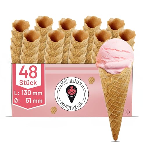 MyNaschbar Halbsüße Knusperwaffel La Ola 48 Stück, 130 mm lang, Ø 51 mm, VEGAN – Waffelhörnchen mit Wellenrand, Essbare Eistüten für 1-2 Kugeln Eis – Eiswaffeln Hörnchen in Eisdielen-Qualität von Mülheimer Manufaktur