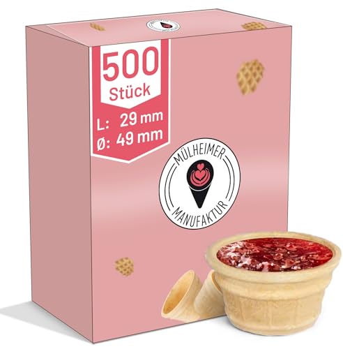 MyNaschbar Portionsbecher VEGAN rund, 500 Stück, 22 ml, 29 mm lang, Ø 49 mm – Knusprige Waffelbecher zum Befüllen – Ideal für Dips, Marmelade, Dekorationen & Fingerfood – Waffeln in Eisdielen-Qualität von Mülheimer Manufaktur