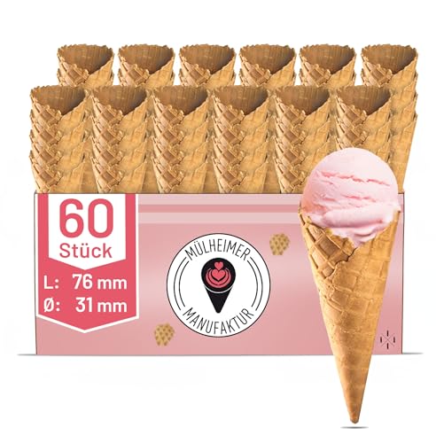 MyNaschbar Süße Eiswaffel Mini Cono 60 Stück, 76 mm lang, Ø 31 mm, VEGAN – Eiswaffel Hörnchen Dänisch ohne Rand, – Essbare Eistüten perfekt für Eisbecher, Fingerfood, Deko & Co. von Mülheimer Manufaktur