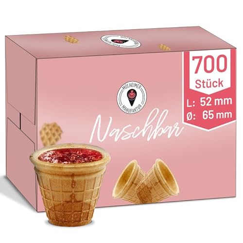 MyNaschbar Portionsbecher VEGAN rund, 700 Stück, 45 ml, 52 mm lang, Ø 65 mm – Knusprige Waffelbecher zum Befüllen – Ideal für Dips, Marmelade, Dekorationen & Fingerfood – Waffeln in Eisdielen-Qualität von Mülheimer Manufaktur