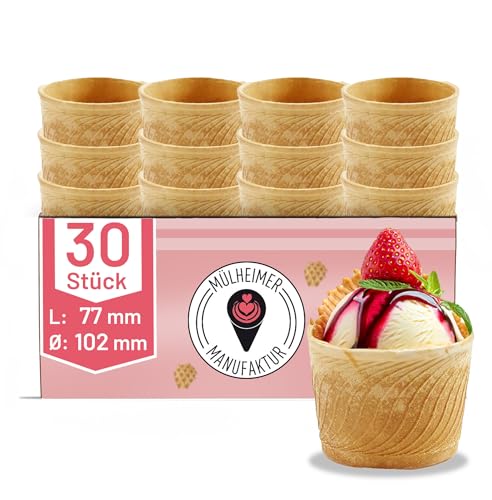 MyNaschbar Waffelbecher VEGAN rund, 30 Stück, 400 ml, 77 mm lang, Ø102 mm – Knusprige Softeisbecher zum Befüllen – für Eis, Softeis oder als Backform für Muffin & Cupcakes von Mülheimer Manufaktur