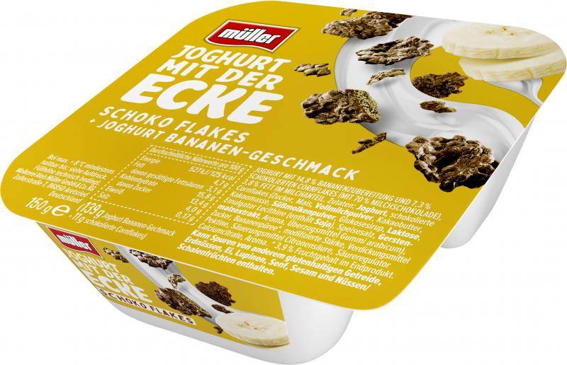 Müller Joghurt mit der Ecke Schoko Flakes Joghurt Bananen-Geschmack von Müller