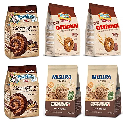 2x Mulino Bianco Cioccograno Vollkorn kekse mit schokolade 350g + 2x Misura Fibraextra Integrali Vollkorn kekse 330 g + 2x Divella Ottimini Integrali con gocce di cioccolato Vollkornkekse von Mulino Bianco