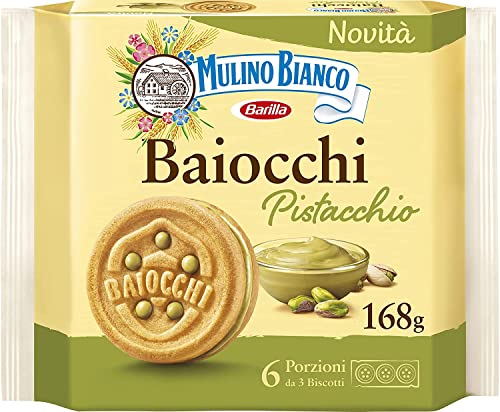 6 x Mulino Bianco Baiocchi Pistazienkekse, Pistaziengebäck, ideal für Frühstück oder Snack, Palmölfrei, 6 Portionen à 3 Kekse von Mulino Bianco