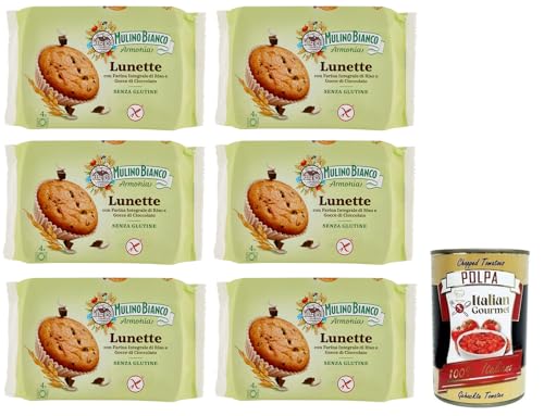 6x Mulino Bianco Lunette Tortina Senza Glutine,Glutenfreier Kuchen mit Vollkornreismehl und Schokoladentropfen,140g Packung,jede Packung enthält 4 Kuchen + Italian Gourmet Polpa di Pomodoro 400g Dose von Mulino Bianco