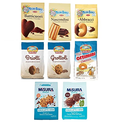 Testpaket Italienische Kekse Mulino Bianco 1x Nascondini + 1x Batticuori + 1x Abbracci + Divella 1x Briotti + 1x Grottoli + 1x Ottimini Classici + Misura 1x Gocce di Cioccolato + 1x Riso Soffiato von Mulino Bianco