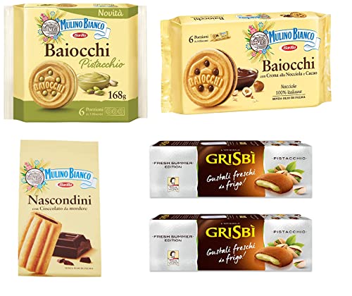 Testpaket Mulino Bianco Baiocchi kekse mit Pistazien 168g + Baiocchi nocciola + Nascondini 330g + 2x Matilde Vicenzi Grisbi Pistacchio kekse mit pistaziencreme biscuits cookies 150g von Mulino Bianco