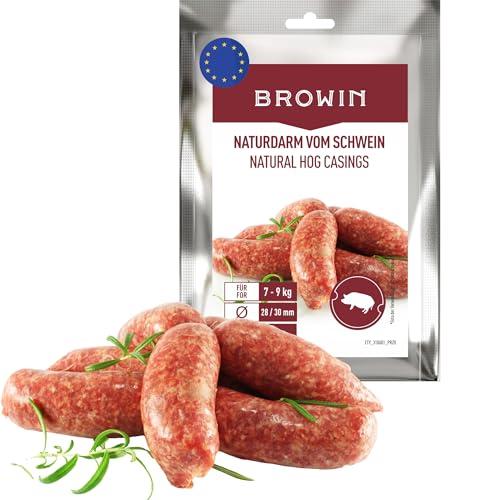 BROWIN® Naturdarm für Wurst | Premium Naturdarm für hausgemachte Würstchen, Wacholderwurst, Weißwurst, Bratwurst (Kaliber 28/30 mm, 15 m, Schweinedarm) von Browin