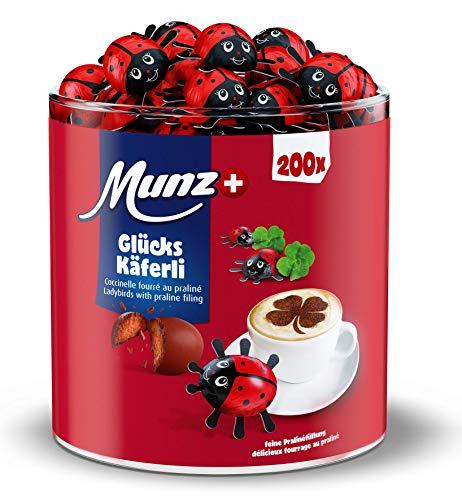 Munz Praline Glückskäfer | Schweizer Schokolade | Milchschokolade | Schokoladenkäfer | 100% natürlich | Thekendisplay ca. 200 x 4,7g | 1 kg Großpackung | Ideal als Geschenk oder für Gäste von Munz
