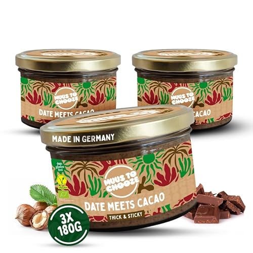 Muus to Chooze - Date meets Cacao Brotaufstrich 3x180g – Aufstrich Vegan, Bio & Zusatzstofffrei – Mit Dattelpaste, Kakao & blanchierten Haselnüssen – Geschmeidige Textur – Ideal als Snack & Topping von Muus to Chooze