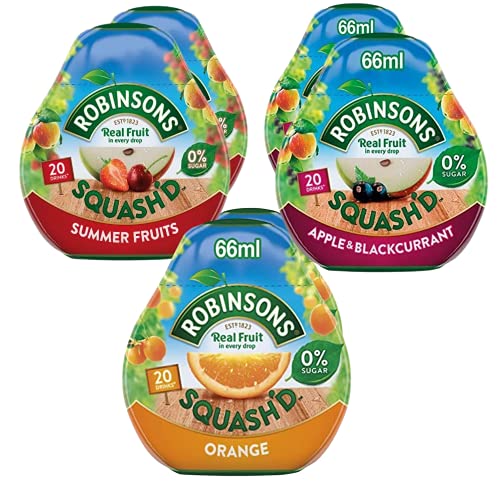 Robinsons Squash'd – 3 x Geschmacksrichtungen, 6er-Pack (6 x 66 ml-Flaschen), 2 x Sommerfrüchte mit 2 x Orange und 2 x Apfel und schwarzer Johannisbeere – ohne Zuckerzusatz echte Früchte in jedem von "N/A"