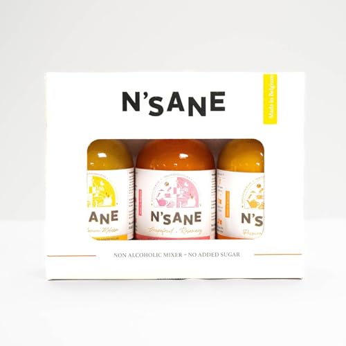 N'SANE Probierbox Alkoholfrei (3 x 200ml) - Alkoholfreie cocktails, Grapefruit-Rosmarin, Ingwer-Zitronenmelisse, Passionsfrucht-Vanille, 100% Zuckerfrei, Natürliche Zutaten, Inklusive Rezeptbuch von N'sane