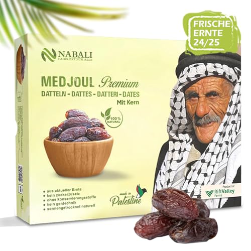 NABALI FAIRKOST FÜR ALLE Medjool Medjoul Datteln aus Palästina - 100% naturell vegan aromatisch traditionell frisch & orientalisch I ohne Konservierungsstoffe, 5 kg (1er Pack), Large/Jumbo von NABALI FAIRKOST FÜR ALLE