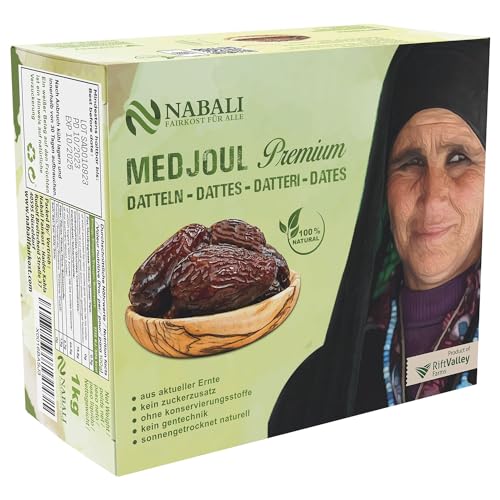 NABALI FAIRKOST FÜR ALLE NABALI FAIRKOST Medjool Datteln aus Palästina 100% Natürlich Aromatisch Traditionell Frisch Orientalisch I Ohne Konservierungsstoffe I Vegan I 1 kg (1er Pack), Large/Jumbo von NABALI FAIRKOST FÜR ALLE