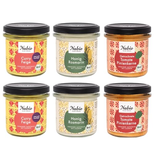 NABIO | Vegetarische Aufstrich-Creme 6er Box I 2x Curry Feige, 2x Honig Rosmarin, 2x Getrocknete Tomate Pinienkerne I extra cremig mit Cashew I (6x 135 g) von NABIO