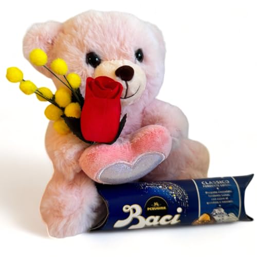 Geschenkideen von Baci Perugina zum Frauentag 2025 – Plüsch-Teddybär + Blumenstrauß aus künstlichen Mimosen und hölzernen Knospenblättern + Baci Perugina 37,5 g| Freundin|8. März von NARAMAKI