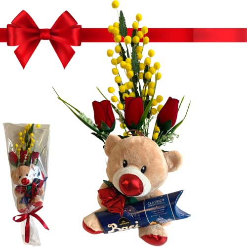 NARAMAKI® Baci Perugina Ideen – Plüsch 16 cm + Küsse Perugina 37,5 g + Zweig Mimosa + 3 rote Rosen – Geschenkbox für Sie (Püsche+Rosen und Muskeln) von NARAMAKI