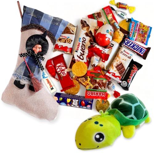 NARAMAKI® Befana Socke 29 cm – Kinder + Schokoladenmünzen + Kaugummi + Süßigkeiten-Sortiment + Elah + Mini-Mars-Bounty-Riegel – Snickers + Mini-Smarties + Gadget (Volle Größe, Blau) von NARAMAKI