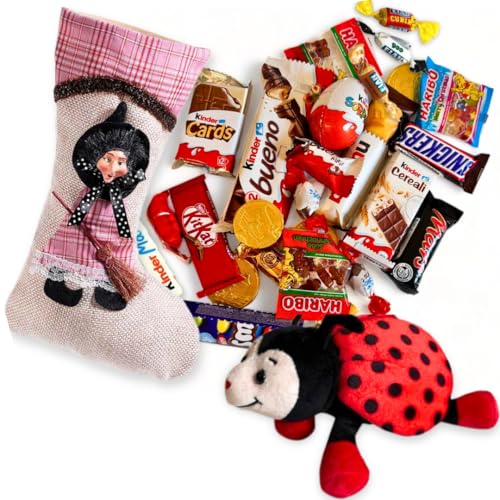 NARAMAKI® Befana Socke 29 cm – Kinder + Schokoladenmünzen + Kaugummi + Süßigkeiten-Sortiment + Elah + Mini-Mars-Bounty-Riegel – Snickers + Mini-Smarties + Gadget (Volle Größe, Rose) von NARAMAKI