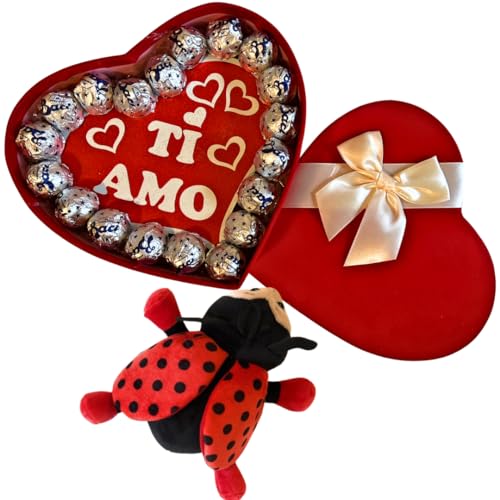 Valentinstag 2024 Schokoladenherz-Geschenk - Baci Perugina 250gr + Samt-Herzbox + Holzherz mit Schrift 15 cm + Marienkäfer „Dolly“ 20 cm (BACI PERUGINA) von NARAMAKI