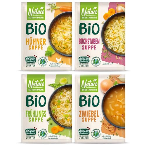 NATUCO 4er Pack Bio Suppen: Buchstabensuppe, Hühnersuppe, Frühlingssuppe, Zwiebelsuppe - Instant Nudeln perfekt für jeden Tag - Schnelle Gerichte zum essen Zuhause oder im Büro von NATUCO