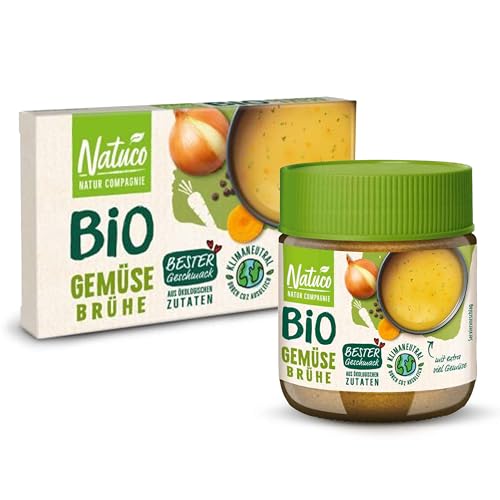 NATUCO Bio Gemüsebrühe Set. 8x je 10g Brühwürfeln &100g Feinkörnige Gemüse Brühe im Glas. Glutenfreie, vegane Lebensmittel für Suppen & Eintöpfe. Klimaneutral hergestellt. Für 24 Liter Brühe. von NATUCO