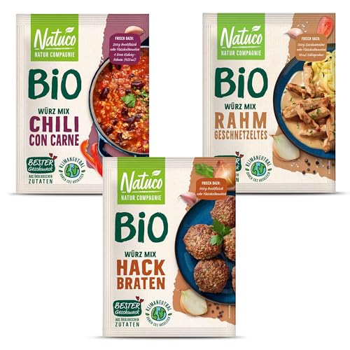 NATUCO Bio Gewürze 3er Set: Gewürzpulver Mix für Chili con Carne, Hackbraten und Rahm Geschnetzeltes - Ideal für viele Gerichte, scharfe Soßen und Alltagsküche - Hochwertige Gewürzmischung Packung von NATUCO