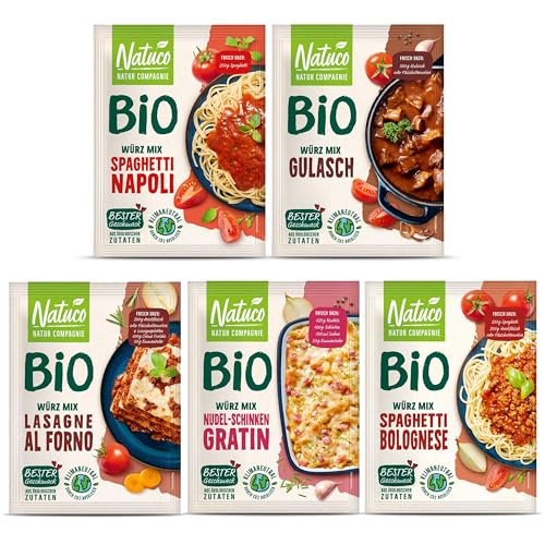 NATUCO Bio Gewürze Set: 5er Pack mit Gewürzmischungen für Spaghetti Bolognese, Gulasch, Nudel-Schinken Gratin, Spaghetti Napoli und Lasagne al Forno. Ideal zum kochen oder Gerichte aufpimpen. von NATUCO