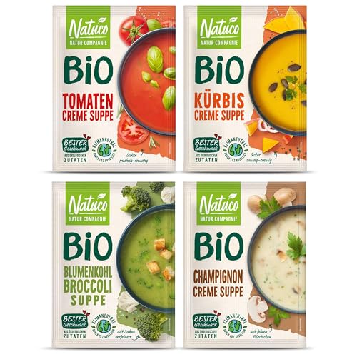 NATUCO Bio Suppenset mit Tomaten, Champignon, Blumenkohl-Brokkoli und Kürbis Cremesuppen. Glutenfreie und vegane Fertiggerichte. Cremige instant Tütensuppen für jeden Tag von NATUCO
