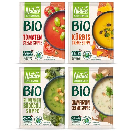 NATUCO Bio Suppenset mit Tomaten, Champignon, Blumenkohl-Brokkoli und Kürbis Cremesuppen - Glutenfreie und vegane Gerichte - Cremige instant Tütensuppen für jeden Tag von NATUCO