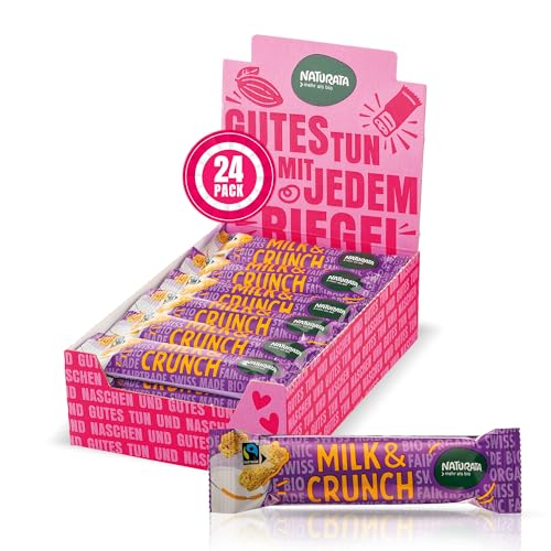 Naturata Bio Milk & Crunch Schoko-Riegel (24 x 33g) | Hergestellt in der Schweiz in Bio-Qualität | Fairtrade & Nachhaltig | Cremige Milchcremefüllung mit knusprigen Taralli-Stückchen von Naturata