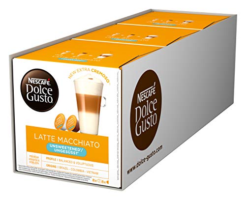 NESCAFÉ Dolce Gusto Latte Macchiato ungesüßt, 48 Kaffeekapseln, Ohne zugesetzten Zucker, Espresso, 3-Schichten -Köstlichkeit aus feinem Milchschaum, Aromaversiegelte Kapseln, 3er Pack (3 x 16 Kapseln) von NESCAFÉ DOLCE GUSTO