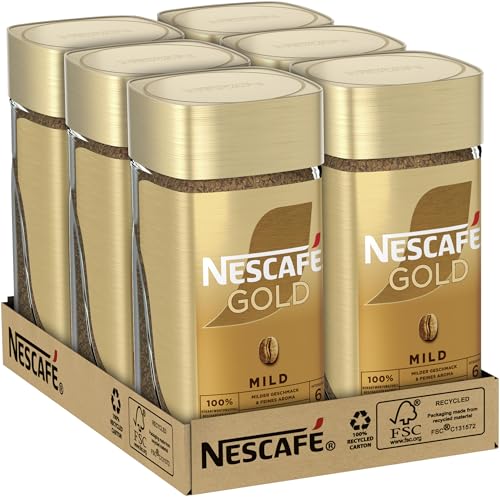 NESCAFÉ GOLD Mild, löslicher Bohnenkaffee, Instant-Kaffee aus erlesenen Kaffeebohnen, koffeinhaltig, 6er Pack (6x100g) von NESCAFÉ