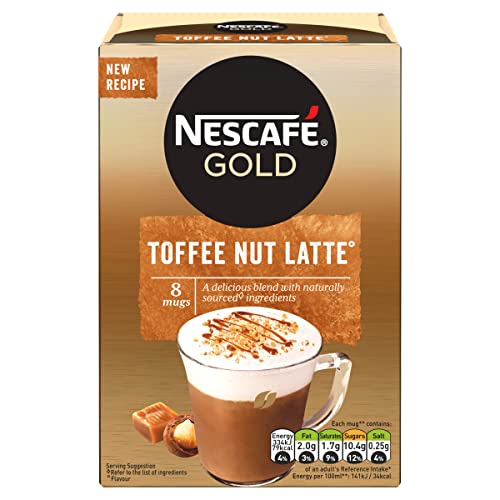 NESCAFÉ Toffee Nuss Latte Instant-Kaffee, 8 x 18,6 g Beutel, 100% verantwortungsvoll angebauter Kaffee (6 Stück) von NESCAFÉ