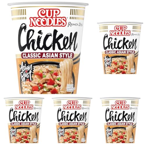 Nissin Cup Noodles – Chicken, Einzelpack, Soup Style Instant-Nudeln japanischer Art, mit Hühnerfleisch-Geschmack & Gemüse, schnell im Becher zubereitet, asiatisches Essen (1 x 63 g) (Packung mit 5) von NISSIN