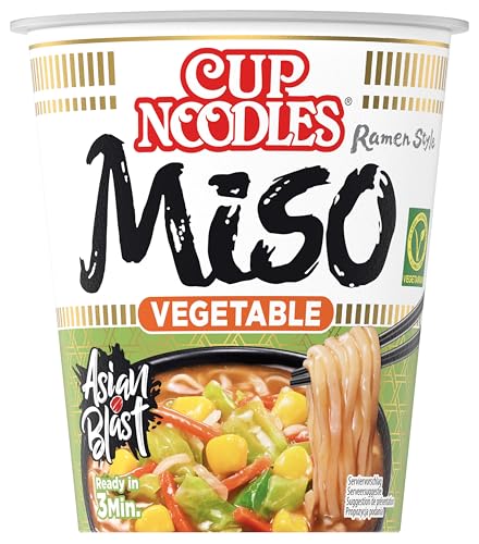 Nissin Cup Noodles – Miso, Einzelpack, Soup Style Instant-Nudeln japanischer Art, mit Miso-Paste und Gemüse, schnell im Becher zubereitet, vegetarisch, asiatisches Essen (1 x 67 g) von Nissin