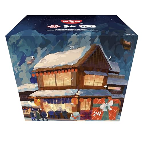 Nissin Adventskalender – 24 Sorten Instant-Nudeln, asiatische Nudeln im Wok- & Ramen-Style, verschiedene Geschmacksrichtungen wie Teriyaki, Chili und mehr, schnelle Zubereitung, 1 x 2.199 g von Nissin