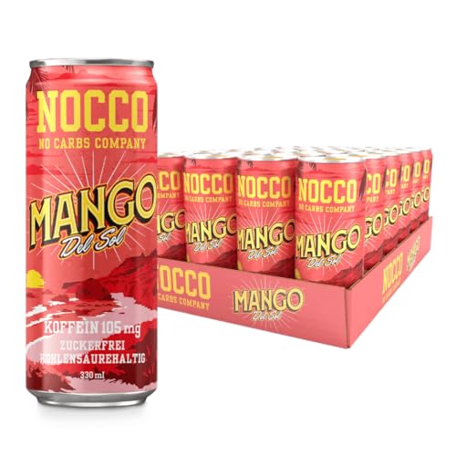NOCCO BCAA energy drink 24er pack – zuckerfrei, vegan Energy Getränk mit Koffein, Vitaminen und Aminosäuren – Mangogeschmack, 24 x 330ml inkl. Pfand (Mango Del Sol) von NOCCO