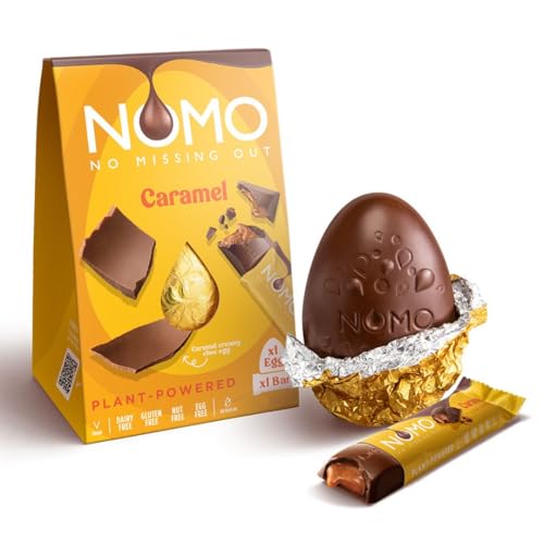 NOMO Creamy XL Osterei INKLUSIVE 1 Caramel Schokoriegel | 148 g | VEGAN | LAKTOSEFREI, GLUTENFREI, EIFREI, NUSSFREI | für Allergiker | zertifizierter Kakao | vegane Schokolade zu Ostern von NOMO