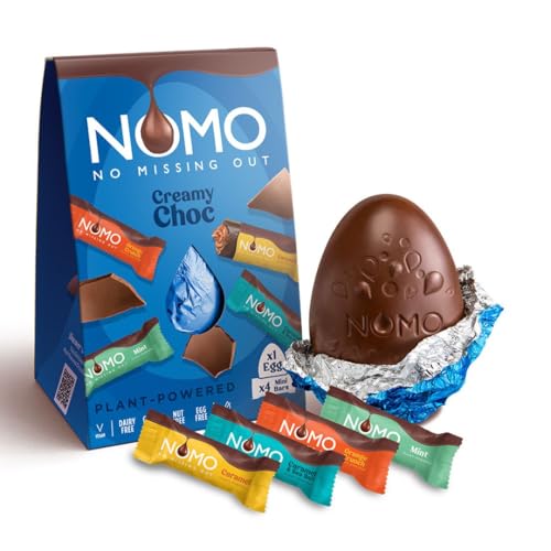 NOMO Creamy XL Osterei INKLUSIVE 4 Mini-Schokoriegel | 154 g | Orange, Minz, Karamell | LAKTOSEFREI, GLUTENFREI, EIFREI, NUSSFREI | für Allergiker | zertifizierter Kakao | vegane Schokolade zu Ostern von NOMO