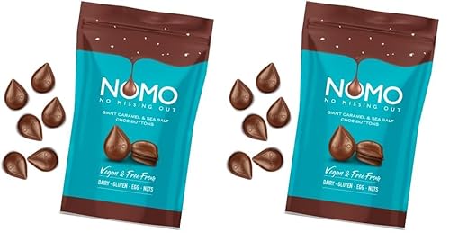 NOMO Giant Buttons Caramel & Sea Salt | 110 g | VEGAN | LAKTOSEFREI, GLUTENFREI, EIFREI, NUSSFREI | Schokotropfen | zertifizierter und nachhaltiger Kakao | Wiederverschließbare Packung (Packung mit 2) von NOMO