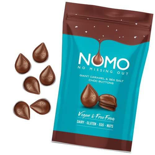 NOMO Giant Buttons Caramel & Sea Salt | 110 g | VEGAN | LAKTOSEFREI, GLUTENFREI, EIFREI, NUSSFREI | Schokotropfen | zertifizierter und nachhaltiger Kakao | Wiederverschließbare Packung von NOMO