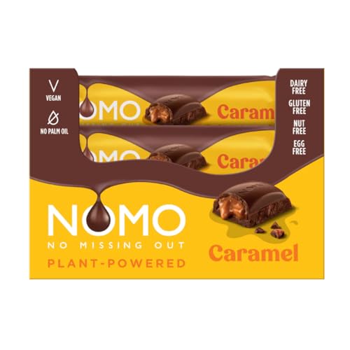 NOMO Caramel Schokoriegel VEGANE Schokolade für Alle | LAKTOSEFREI, GLUTENFREI, EIFREI, NUSSFREI | flüssiger Karamellkern | Allergiker geeignet | zertifizierter Kakao,24 Count (Pack of 1) von NOMO