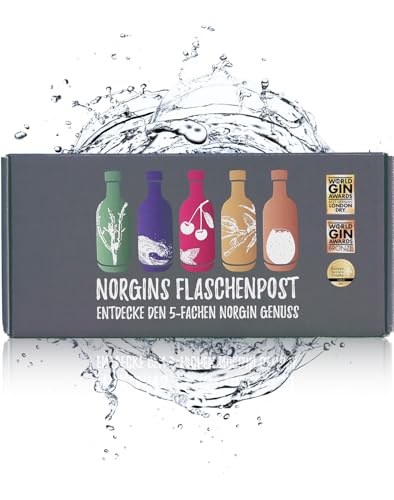 Gin Probierbox von NORGIN - 5 x 5cl Flaschenpost | Geschenk | Geschenkbox | Feiner Gin von der Norddeutschen Küste | Queller Salz Kirsche Minze Orange Bittermandel Marzipan Eierlikör von NORGIN