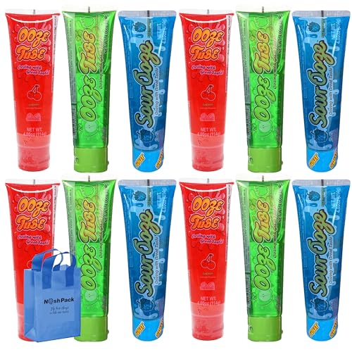 Ooze Sour Squeeze Bonbon-Tube, blaue Himbeer-Kirsche und grüner Apfel, 12 Stück Gel-Lecker-Tuben, mit NOSH PACK Beutel von NOSH PACK