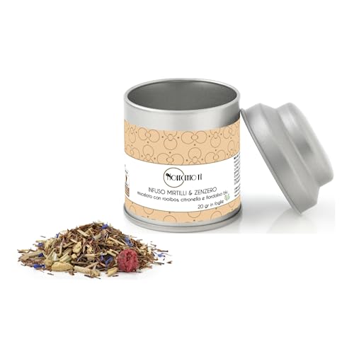 Novecento Tè® | Blaubeer-Ingwer-Aufguss | Kräutertee Ingwer-Blaubeer-Kornblumenblätter 20 Gr | Rooibos Blaubeeren Ingwer | Roter Tee gemischt mit losen Früchten und Gewürzen von NOVECENTO TE'