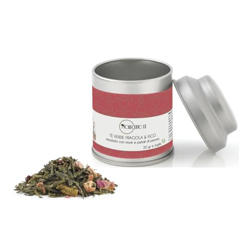 Novecento Tè® | Erdbeer- und Feigen-Grünteeblätter - 20 Gr | Grüner Sencha, fruchtige Brombeeren und Pfingstrosenblätter | Mischung aus grünem Tee und Früchten in loser Metalldose Mignon von NOVECENTO TE'