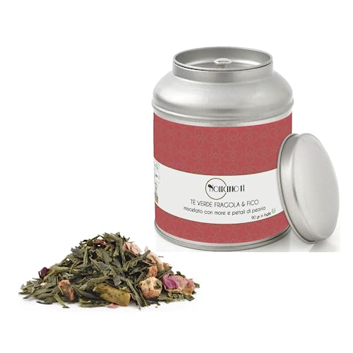 Novecento Tè® | Erdbeer- und Feigen-Grünteeblätter - 90 Gr | Grüner Sencha, fruchtige Brombeeren und Pfingstrosenblätter | Mischung aus grünem Tee und Früchten in loser Metalldose von NOVECENTO TE'