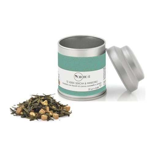 Novecento Tè® | Sencha Grüner Tee und Mandelblatt - 20 Gr | Grüne Sencha-Mandeln Karamell-Ingwer | Mischung aus grünem Tee, Mandeln, Gewürzen, Mignon-Metalldose von NOVECENTO TE'